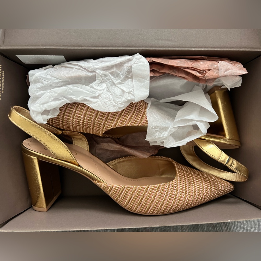 Franco Sarto Gold and Tan Slingback Heels